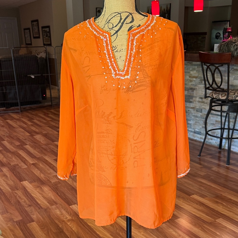 🆑FINAL PRICE‼️ Size 2XL orange sheer top with beading around neckline & sleeves